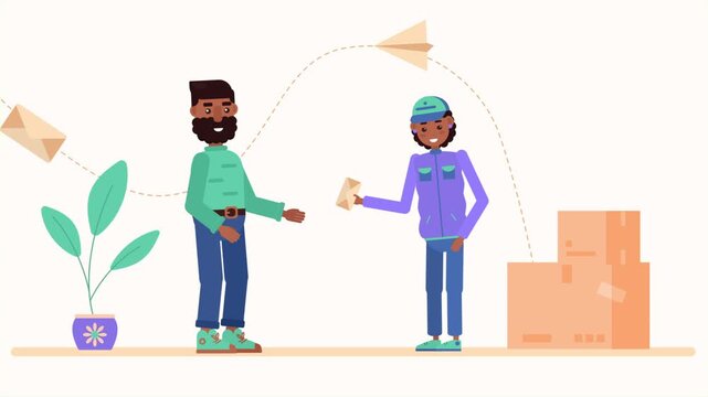 Friendly courier delivers parcel to happy bearded man in this colorful flat vector animation video
