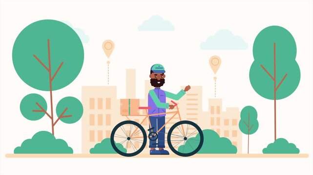 Friendly courier riding bicycle for fast urban delivery service in this colorful flat animated video clip
