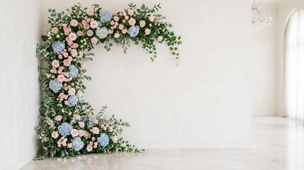 Obraz premium Soft pink and blue floral spring garden pathway background with blooming cottage flowers and warm sunlight