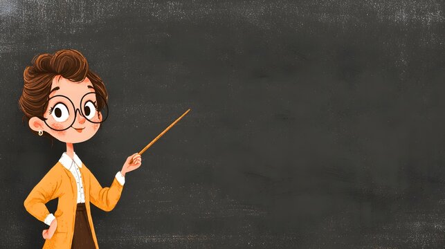 female teacher is explaining in front of class pointing to white board with pointer, business woman giving presentation, modern teaching, cartoon style
