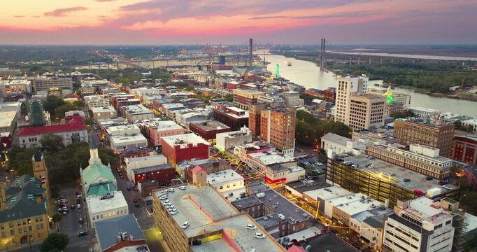 Aerial view of Savannah, old historical city in Georgia. Southern American architecture at sunset.