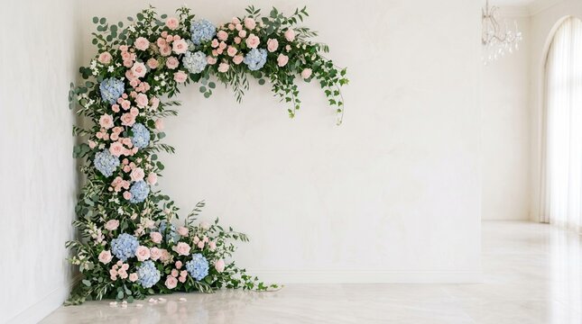 Soft pink and blue floral spring garden pathway background with blooming cottage flowers and warm sunlight