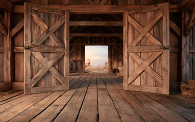 Naklejka premium Rustic Wooden Barn Interior with Large Double Doors Opening to Sunset View and Weathered Wooden Floor
