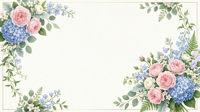 Soft pink and blue floral watercolor border with hydrangea roses and botanical leaves on white copy space