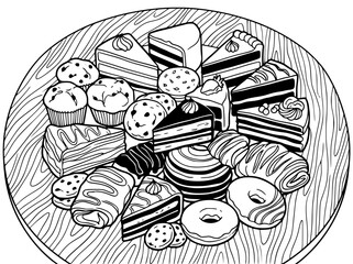 Naklejka premium Assorted Desserts and Pastries on a Platter Coloring Page