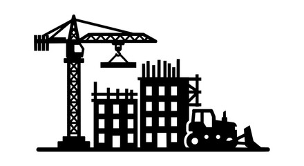 Obraz premium Construction site silhouette with crane, building under construction and bulldozer