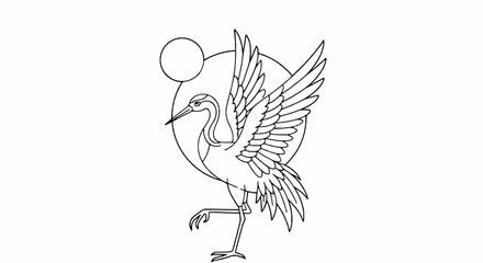 Fototapeta premium Japanese crane bird illustration with sun in minimalist line art style