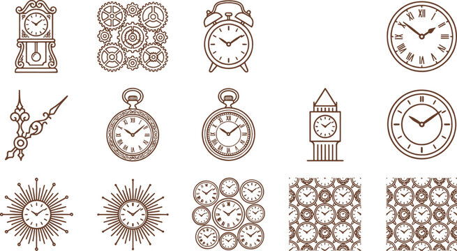 Collection of clock featuring grandfather clocks, pocket watches, alarm clocks, and clock faces with patterns in brown line on white