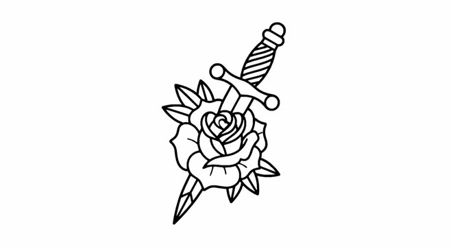 Traditional tattoo style illustration of a dagger piercing through a rose