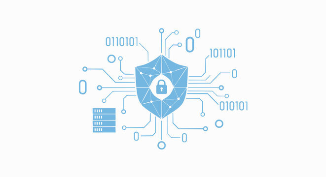 Cyber security shield with binary code and server icon