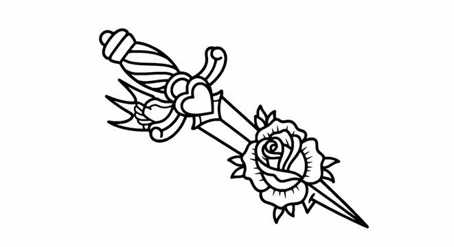 Traditional tattoo style dagger with rose and heart