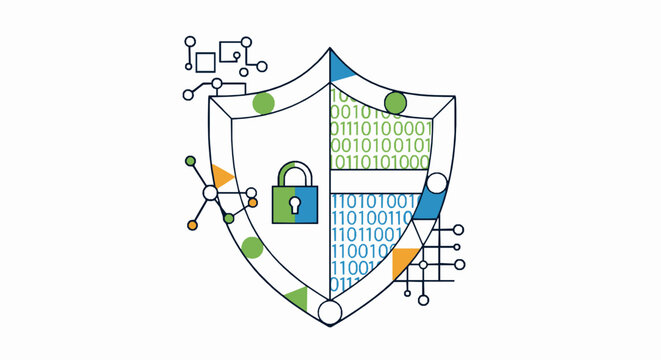 Cyber security shield icon with binary code and network nodes