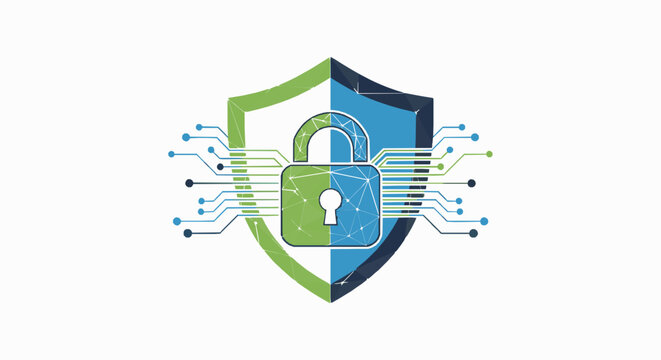 Cyber security shield with digital lock and circuit board lines
