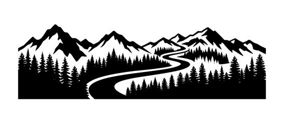 Fototapeta premium Mountain landscape silhouette with evergreen forest and winding road
