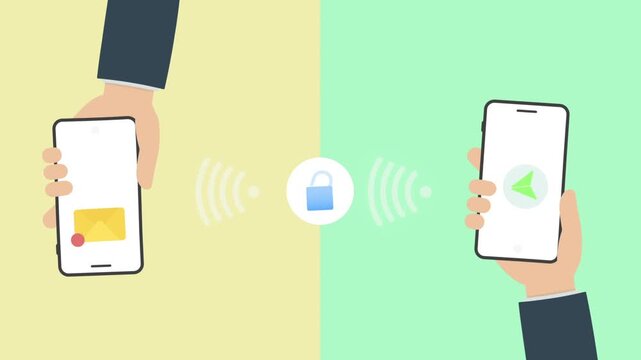 two hand send message on phone with encryption animation