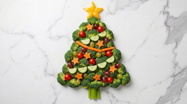 Creative vegetable arrangement shaped like a christmas tree with colorful fresh produce on a marble surface
