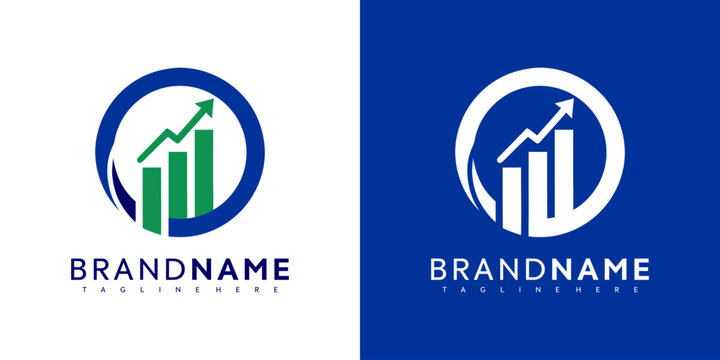Vector graphic illustration of two business logo designs with bar graphs and arrows in blue, green, and white colors for companies or brands with customizable taglines.