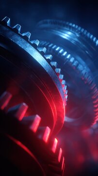 Detailed view of metal gear wheels illuminated by contrasting red and blue lighting in an industrial mechanical setting showcasing precision engineering components