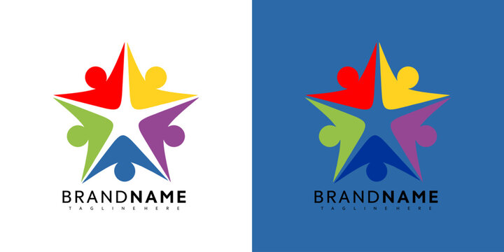 Colorful starburst logo design featuring diverse people icons in a vector graphic illustration for branding and identity purposes with bold typography.