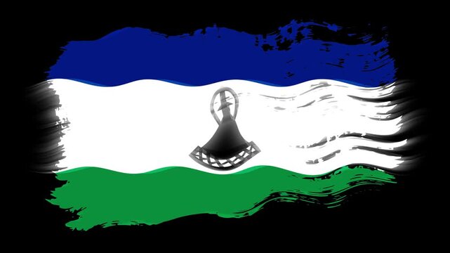 Waving torn Lesotho flag grunge brush burn light leaks, transparent background alpha channel loop full HD