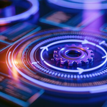 Futuristic digital interface with glowing circular gear and illuminated arrows representing advanced technology and mechanical innovation in neon blue and purple ton