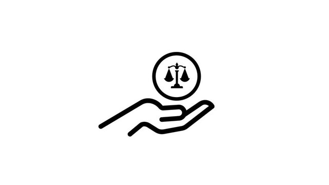 Open hand holding scale of justice icon in a circle motion graphic.