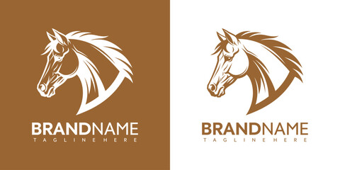 Brown and white vector graphic illustration of horse head logo designs with brand name and tagline on brown and white backgrounds for business identity © Tegar