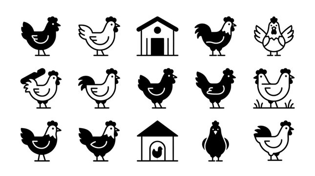 Black and white chicken icons set.