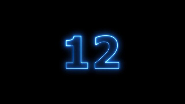 Neon blue number twelve glowing on dark black background motion graphic.