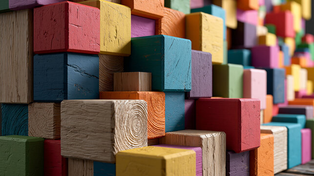 Stacked Colorful Wooden Blocks Creating Geometric Texture