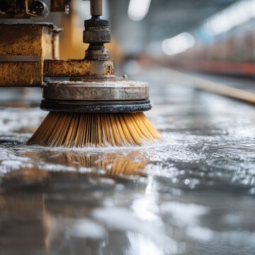 Industrial floor scrubbing machine with rotating stiff bristle brush cleaning a wet surface inside a large warehouse or factory space under bright lighting condition