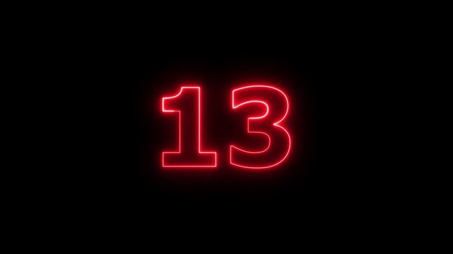 Animated number 13 neon light glowing on black background, motion graphic.