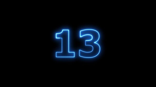 Neon blue number thirteen glowing against dark black background frame.