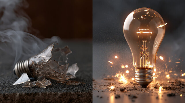 Broken Burnt Light Bulb and Glowing Working Bulb with Sparks