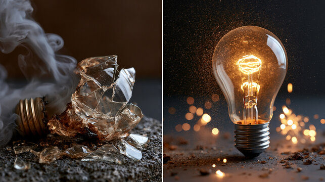 Creative Solution Concept with Burned Bulb and Glowing Idea Light