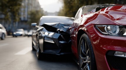 Fototapeta premium Damaged red and black sports cars involved in a rear-end collision on a sunny urban street with blurred background and soft natural lighting conditions