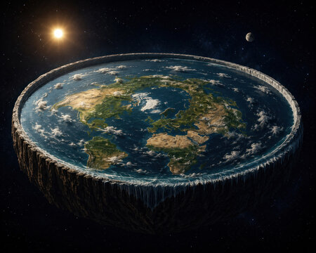 Flat Earth Model Floating in Space with Sun and Moon