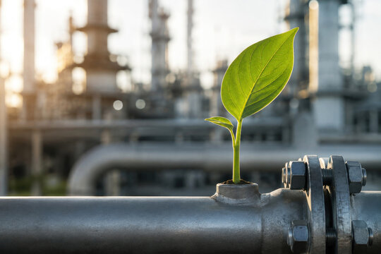Green Sprout Growing from Industrial Pipeline as Clean Energy Transition Concept