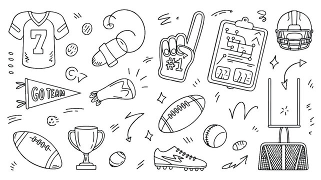 A sports-themed illustration depicts various football equipment and accessories in a lively, dynamic composition.