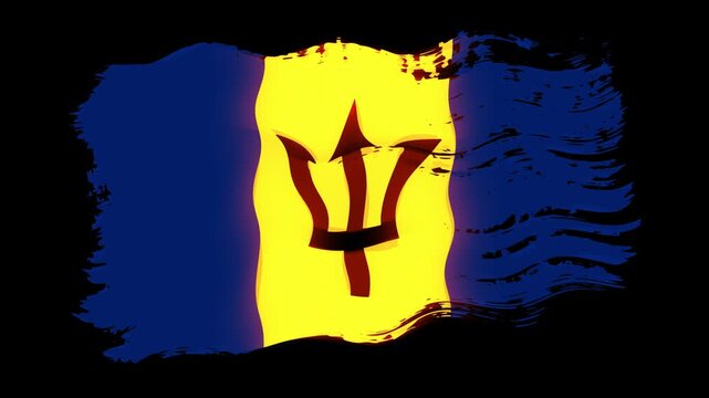 Waving torn Barbados flag grunge brush burn light leaks, transparent background alpha channel loop full HD
