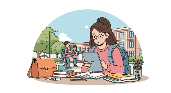 Young student girl studying on tablet with books and backpack on campus.