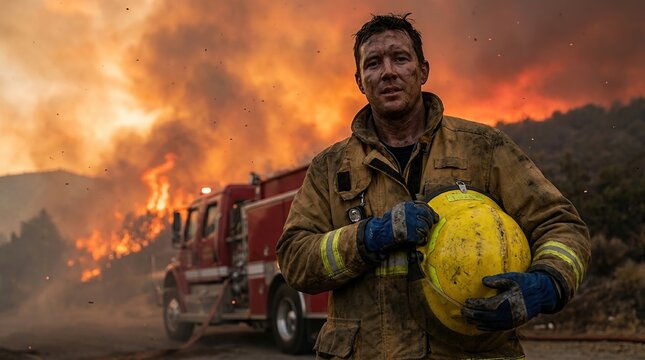 Brave firefighter stands in front of raging wildfire holding a yellow helmet amidst smoke and flames capturing a moment of courage