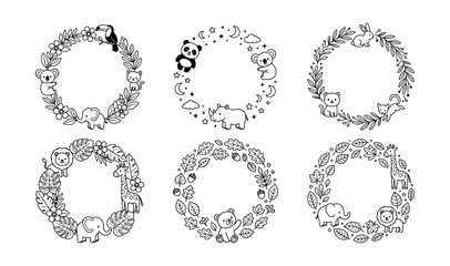 Fototapeta premium Six circular decorative frames featuring cute cartoon animals like elephants lions giraffes pandas koalas and toucans surrounded by leaves and flowers wreath illustration
