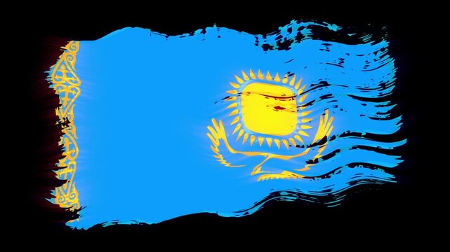 Waving torn Kazakhstan flag grunge brush burn light leaks, transparent background alpha channel loop full HD