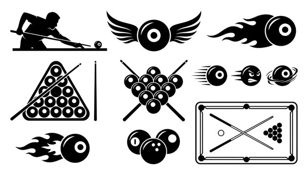 Collection of black and white billiard and bowling game icons featuring players balls cues and tables in various styles and action poses suitable for sport or game graphics