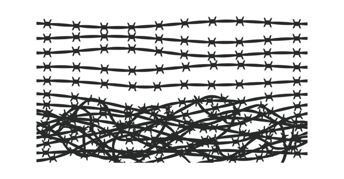 A dense tangled mess of black barbed wire strands is layered over parallel uniformly spaced horizontal barbed wire lines fence barrier restriction prison security boundary