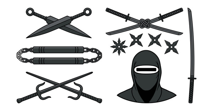 A collection of traditional Japanese ninja weapons including shurikens sai nunchucks katana and a ninja mask illustration nunchaku sword samurai martial arts combat warrior