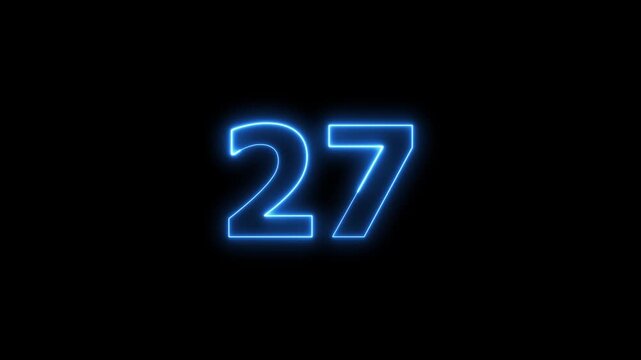 Neon blue light glowing number 27 animation on black background.