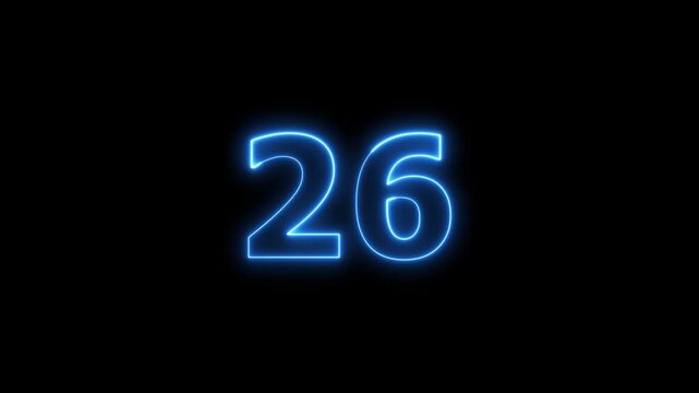 Blue neon number twenty six glowing outline digit on black background.