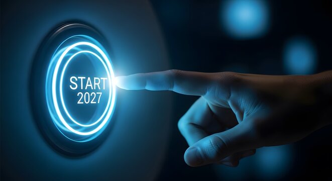 Hand pressing a glowing blue start button with the text 'start 2027'
